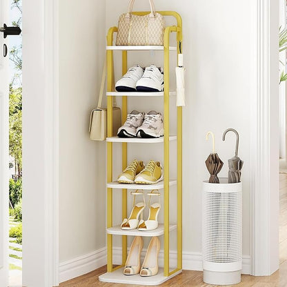 6 Tiers Vertical Shoe Rack, Narrow Shoe Tower, Tall Shoes Shelf with 2 Hooks, Adjustable Shelves, Corner Shoes Shelves for Small Spaces, Entryway, Living Room, White Gold SR04213A