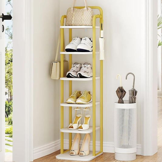 6 Tiers Vertical Shoe Rack, Narrow Shoe Tower, Tall Shoes Shelf with 2 Hooks, Adjustable Shelves, Corner Shoes Shelves for Small Spaces, Entryway, Living Room, White Gold SR04213A