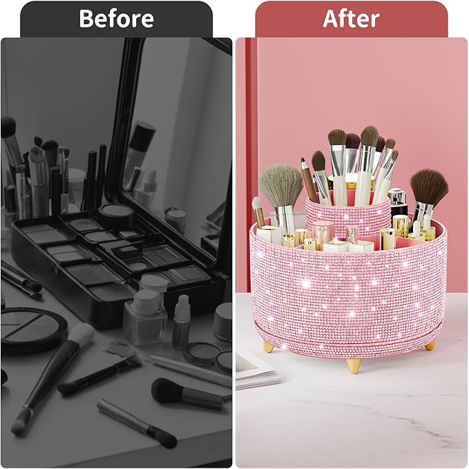 Bling Diamond Makeup Brush Holder, 360° Rotating Makeup Organizer, 5 Slot Make up Brushes Cup for Countertop, Storage for Cosmetics Pen Eyeliner Skincare on the Vanity (Diamond Pink)