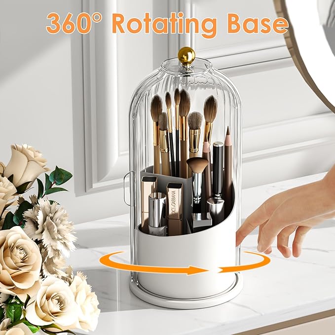 Makeup Brush Holder with Lid 360 Rotating Clear Dustproof Make Up Organizers for Vanity Bathroom Countertop, Transparent | with Lid, 360 Rotating, Dustproof