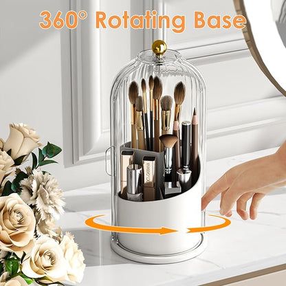 Makeup Brush Holder with Lid 360 Rotating Clear Dustproof Make Up Organizers for Vanity Bathroom Countertop, Transparent | with Lid, 360 Rotating, Dustproof