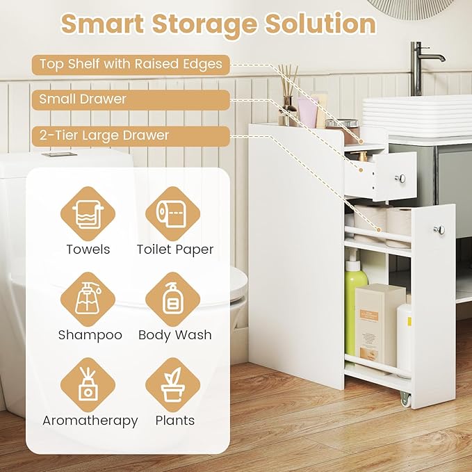 Tangkula Slim Bathroom Storage Cabinet, 4-Tier Narrow Small Side Storage Cabinet Next to Toilet, Slide Out Drawers on Casters, Bathroom Floor Organizer Toilet Paper Holder for Small Spaces (White)