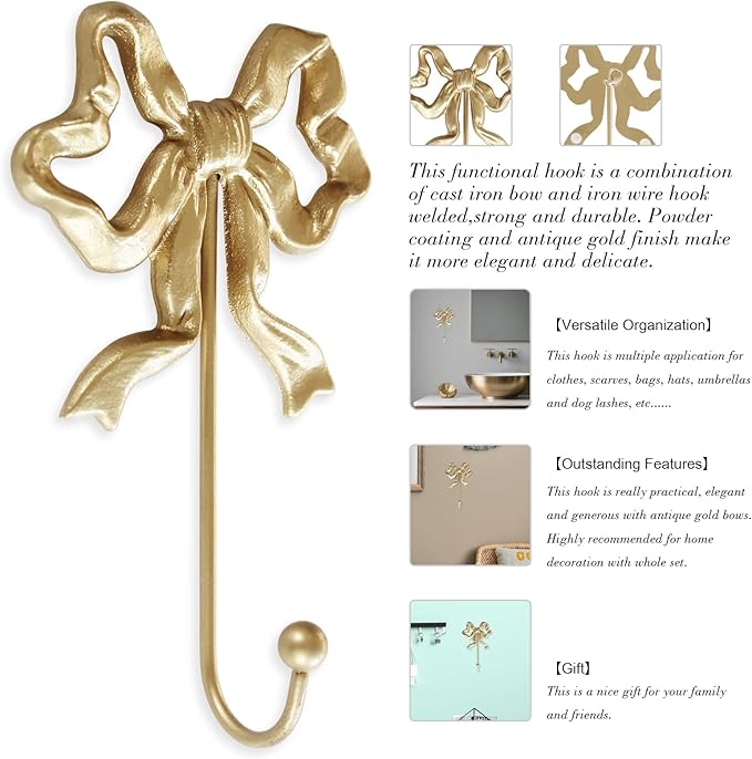 Single Bow Hook,Wall Mounted Functional Hook,Antique Gold Cast Iron Hooks for Coats,Hats,Bags, Bath Towels ,Room Decorations,Hallway,Bathroom,Kitchen,Office (Small single Bow Hooks:4.1x6.5 inches)