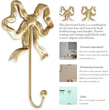 Single Bow Hook,Wall Mounted Functional Hook,Antique Gold Cast Iron Hooks for Coats,Hats,Bags, Bath Towels ,Room Decorations,Hallway,Bathroom,Kitchen,Office (Small single Bow Hooks:4.1x6.5 inches)