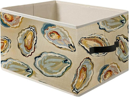 Coastal Beach Ocean Oyster Storage Bin Box with Handles, Marine Biology Oyster Shell Beachy Foldable Organizer Basket Toybox for Beach House Bedroom Bathroom Clothes Toys Books
