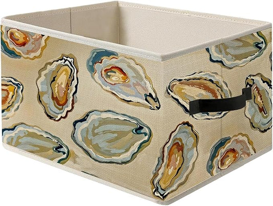 Coastal Beach Ocean Oyster Storage Bin Box with Handles, Marine Biology Oyster Shell Beachy Foldable Organizer Basket Toybox for Beach House Bedroom Bathroom Clothes Toys Books