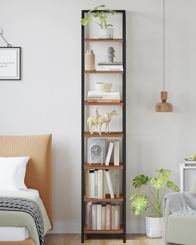 Bookshelf Narrow Bookcase, Tall Storage Rack with Steel Frame, Display Standing Shelf Unit, Skinny Book Shelf for Study Living Room, Home Office, Industrial, 7-Tier Rustic Brown BC57701B