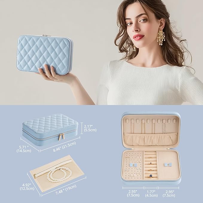 Lolalet Travel Jewelry Case for Women Girls, Travel Jewelry Organizer Box with Mirror & Clear Storage Bag, Small Portable Earring Necklace Bracelet Ring Case, Birthday Valentine Gifts -Medium, Blue