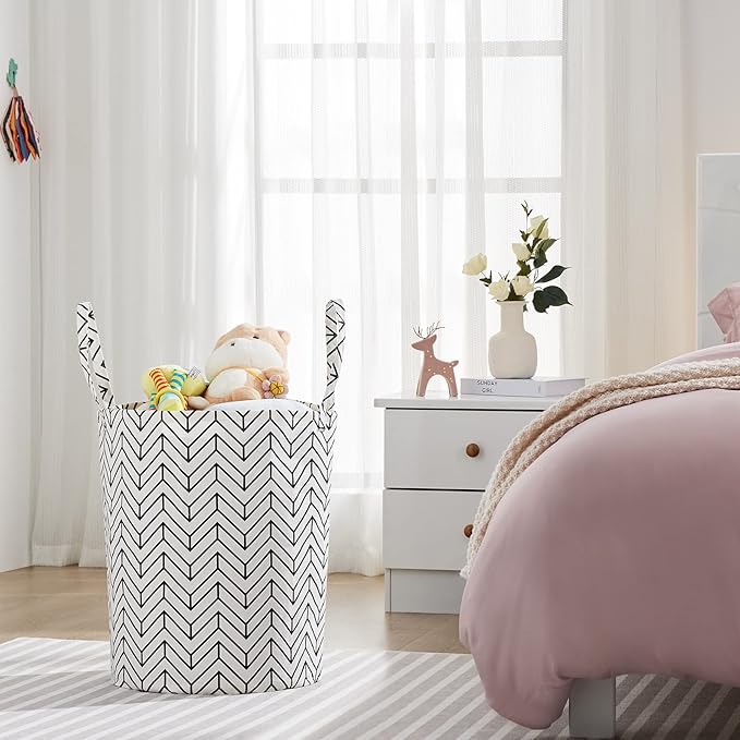 Large Storage Basket for Girls and Boys, Collapsible Laundry Hamper with Long Handles, Toy Bins for Nursery, Kids Room Décor Black Geometry