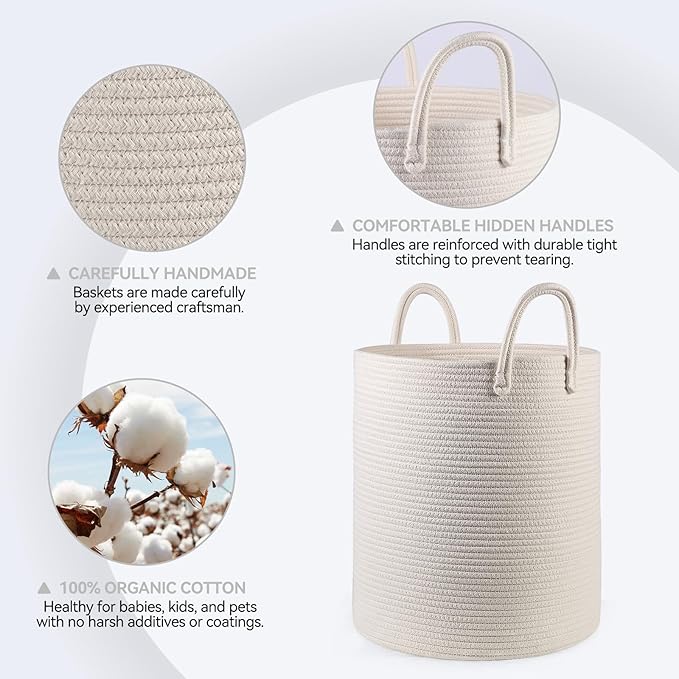 Cotton Rope Laundry Basket Hamper for Girls Kids Baby Nursery Hamper Bin Woven Storage Basket for Living Room cute laundry basket Tall Laundry Basket for Blanket Toy storage bin&box(White)