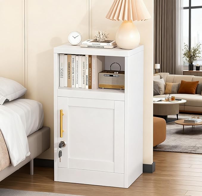 Tokawa Metal White Locking Nightstand, 27.56" Locker with Magnetic Door and Adjustable Shelve, Small Locker Nightstand, Side Table Storage Cabinets for Bedroom, Living Room, Office