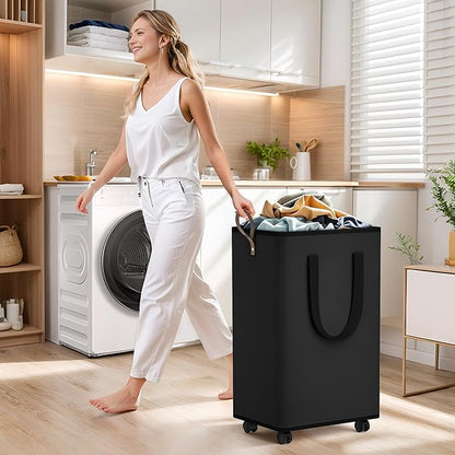 Laundry Basket with Wheels, Collapsible Laundry Baskets, Laundry Hamper with Handles Detachable Wheels, Rolling Laundry Basket, Dirty Clothes Hamper for Bathroom, Dorm, Bedroom, Black, 80L