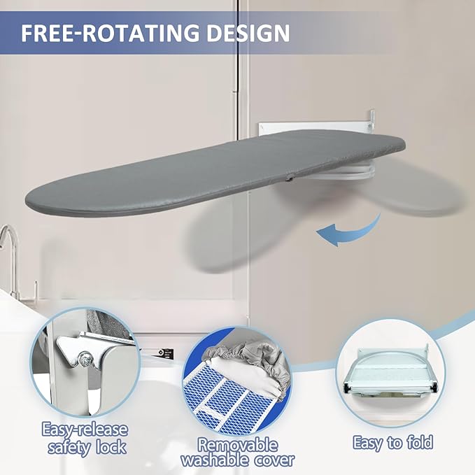 VerRich Foldable Wall Mounted Ironing Board 36” x 12”180°Rotatable Ironing Boardwith Heat Resistant Cover, Space-Saving for Home, Laundry Room,Apartment & Dorms, Gray