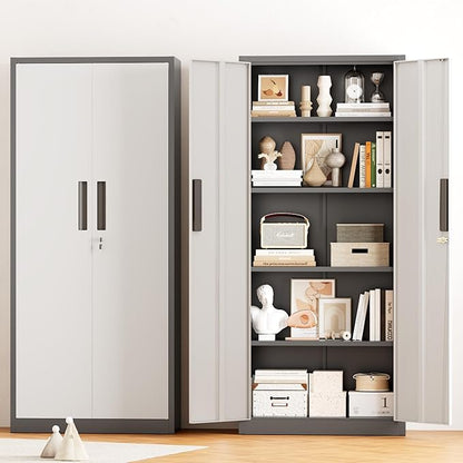 Greenvelly Metal Storage Cabinet, 63" H Locking Metal Storage Cabinet with Doors and 4 Shelves, Lockable Steel Cabinets for Kitchen, Bedroom, Living Room, Office (White Grey)