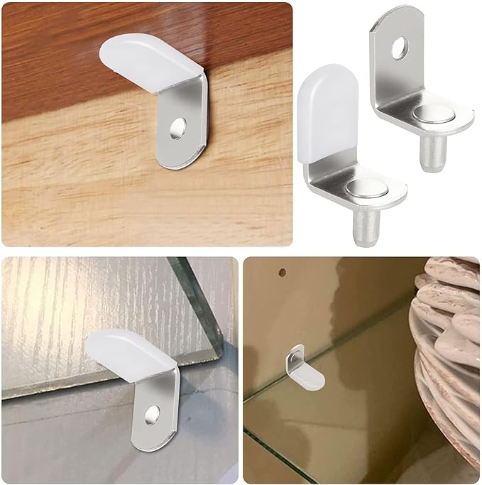 100 Pcs Shelf Support Pegs, 5mm Shelf Pegs Shelf Pins, Cabinet Adjustable Shelf Brackets Peg with Rubber Sleeve, L-Shaped Clips for Kitchen Bookcase Cabinet Furniture Support(Silver)