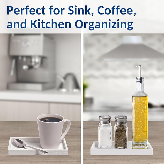 Countertop and Vanity Tray - Small 7.7” Silicone Tray for Soap Dispenser, Bathroom Trays, Dish Soap Trays for Kitchen Counter, Sink Caddy Sinks Organizer, Soaps Dish & Sponge Holder, White