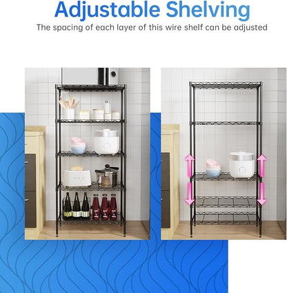 PayLessHere | 5-Tier Wire Shelf | 21"x11"x48" | Black | Adjustable Racks | Heavy-Duty Storage Shelves, Holds Upto 750 lbs | Rust-Resistant, No-Tool Assembly | for Home, Garage Shelving