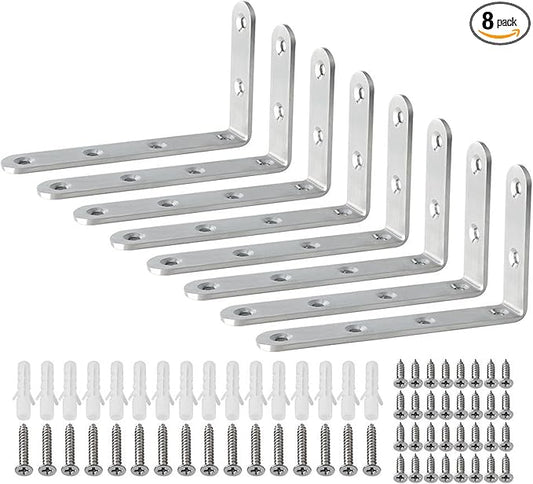 Alise 8 Pack Floating Shelf Brackets,Brushed Nickel Heavy Duty L Bracket Corner Brace,Stainless Steel Corner Bracket,Joint Angle Brackets for Hanging Support,Shelves Support DIY (5 x 3 Inch)
