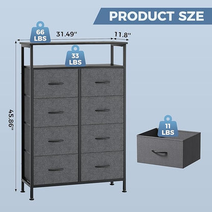 DUMOS TV Stands for Living Room with 8 Drawers, Tall 8-Drawer Chest of Drawers with Raised Shelf, Storage Tower with Fabric Bins for Organization, Hallway Storage, Grey