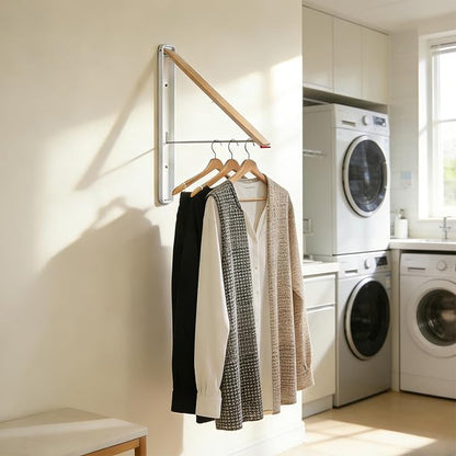 Clothes Drying Rack Wall Mounted for Laundry, Retractable & Foldable Clothes Hanger, Indoor Outdoor Wall Dryer Rack Organization for Dorm, Closet, Apartment, Balcony, Laundry, Rv, Alcove, Wood