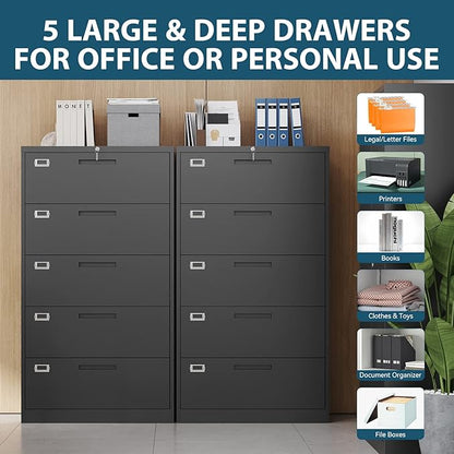 MIIIKO Lateral File Cabinet with Lock, 5 Drawer Metal File Cabinets 35.4" Wide, Home Office Locking Filing Cabinets for Legal Letter File Folders
