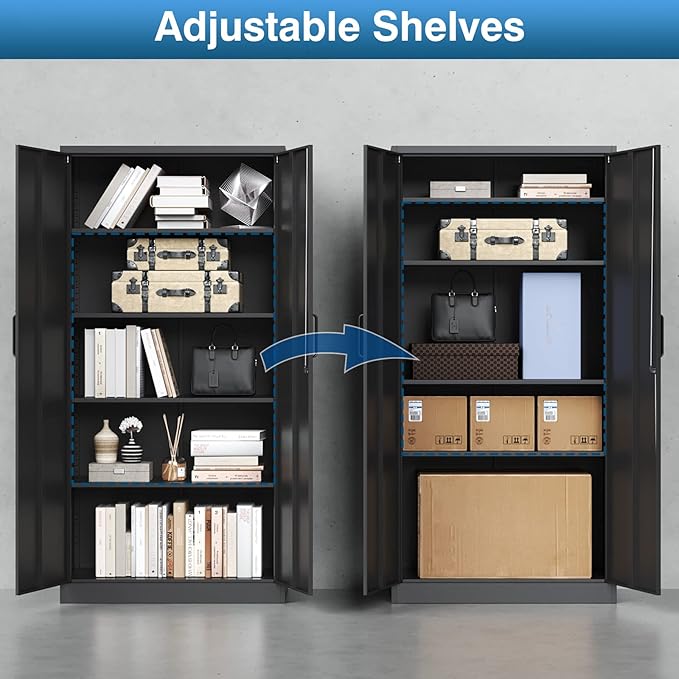 Metal Garage Storage Cabinet, 71-inch Tool Cabinet with 5 Adjustable Shelves & Locking Doors, Tool Cabinets for Garage,Office,Home,School,Gym Storage (Black)