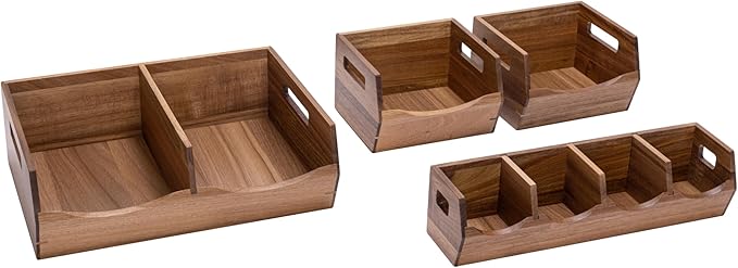Seville Classics Acacia Wood Premium Organizer Storage Bins for Kitchen Silverware, Pantry, Closet, Office Desk, Pens, Utensils, Makeup, K Cup, Acacia, Stackable Bin Set (4 Piece)