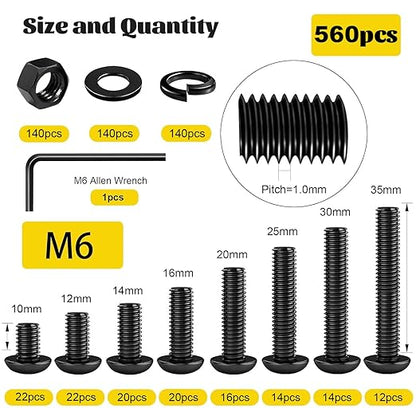 560PCS M6 Hex Socket Button Head Bolt Assortment Kit, M6-1.0x10/12/14/16/20/25/30/35 mm Button Head Cap Bolts Nuts Washers Screws Assorted Set, Grade 12.9 Alloy Steel Black Zinc Plated