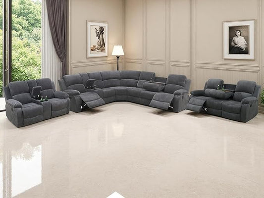 Living Room Furniture Sets, Dark Grey Corduroy Reclining Sectional Sofa Set and Recliner Sofa Loveseat with Cup Holders, Drop-Down Table, Storage Console for Living Room, Bedroom, Apartment