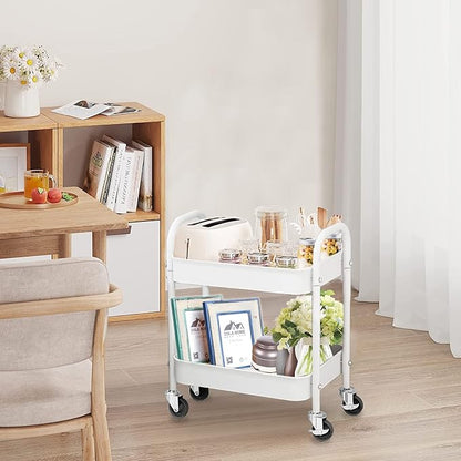 2 Tier All-Metal Rolling Cart, Rolling Storage Cart with Handle and Locking Wheels Kitchen Cart Laundry Office Bathroom Storage Organizer Cart, White