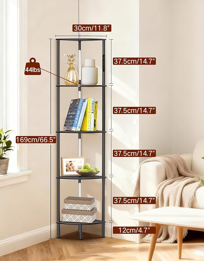5-Tier Corner Bookshelf with LED Lights, Touch & Remote Control, 3 Color Temperatures, Dimmable Narrow Display Shelf with 1-Hour Timer for Living Room, Bedroom, Office (Black)