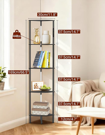 5-Tier Corner Bookshelf with LED Lights, Touch & Remote Control, 3 Color Temperatures, Dimmable Narrow Display Shelf with 1-Hour Timer for Living Room, Bedroom, Office (Black)