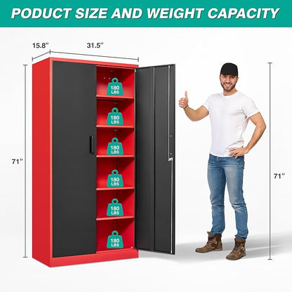 6 Tier Garage Storage Cabinet with 5 Adjustable Shelves,Metal Storage Cabinet with Lock,Red Black Metal Cabinet with Locking Doors,Steel Locker,71" Lockable Storage Cabinets for Home,Office,Garage