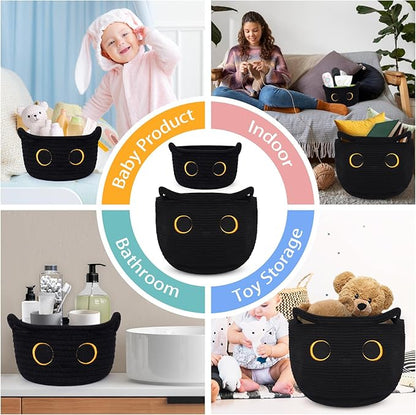 Storage Baskets for Organizing, Black Cat Cotton Rope Baskets Set Woven Blasket for Nursery, Blanket Basket Organizer Toy Basket for Gifts Cat Dog Bin Toys - Pack of 2
