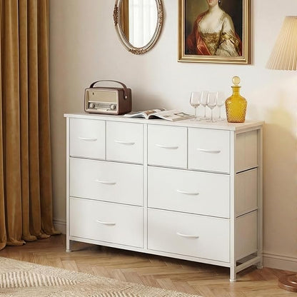 DUMOS TV Stand, Dresser with 8 Fabric Drawers, Spacious Storage Tower for Closet, TV Stand with Wood Top and Mental Frame, Storage Unit for Living Rooms, Bedroom and Entryway, White