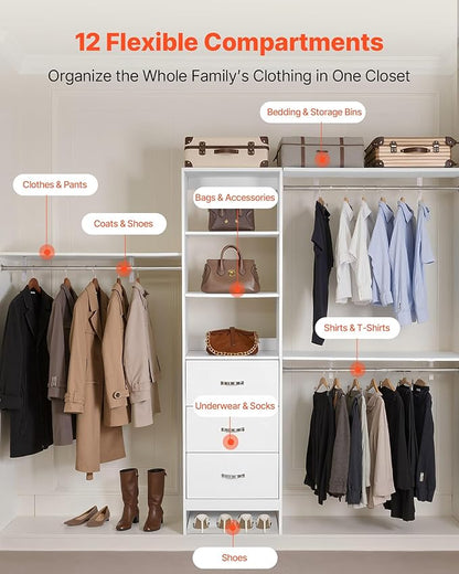 VEVOR Closet System with 3 Drawers, Adjustable Height Wooden Closet Organizers, Modern Walk-in Wardrobe Organization with 3 Retractable Clothes Hanger Rods, Freestanding Garment Rack Storage, White