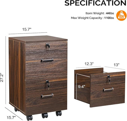 VINGLI 2 Drawer File Cabinet with Lock, Wood Dark Brown File Cabinets for Letter Size File Folders with Tabs, Under Desk Rolling Filing Cabinet for Home Office, Mobile File Organizer Printer Stand