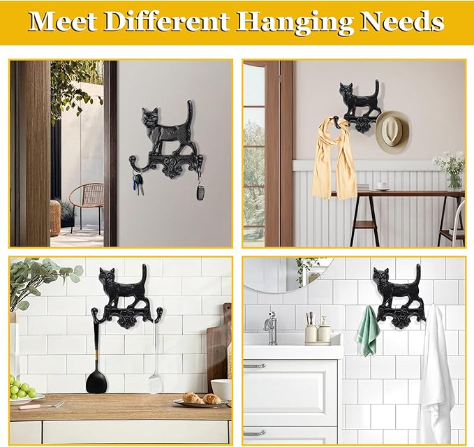 OwnMy Cast Iron Decorative Wall Coat Hook Cat Key Holder, Vintage Dog Leashes Holder Key Hooks for Walls, Heavy Duty Indoor Outdoor Double Wall Hooks for Hanging Towels, Hats, Potted Plants, Tools