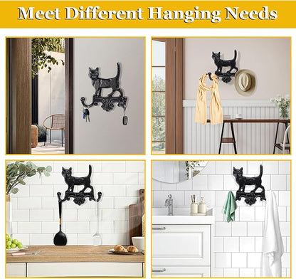 OwnMy Cast Iron Decorative Wall Coat Hook Cat Key Holder, Vintage Dog Leashes Holder Key Hooks for Walls, Heavy Duty Indoor Outdoor Double Wall Hooks for Hanging Towels, Hats, Potted Plants, Tools