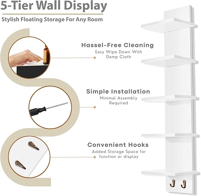 Sorbus 5 Tier Wall Shelf Unit with Hooks, Vertical Column Utility Shelving for Home Decor and Storage Organizer, Wall-Mounted Floating Shelves for Bathroom Storage, Bedroom (2 Pack)