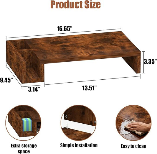 Wooden Single Monitor Stand Riser, 16" Long with Storage Pen Holders, Laptop Desk Stand, Desktop Shelf Office Desk Accessories, Computer Monitor Riser for Home Office, Rustic Brown (Single)