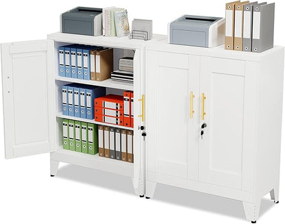 White Metal File Cabinet with Lock (Two Units), Steel Storage Cabient with 2 Doors and 2 Adjustable Shelves, Multifunctional Locked Cabinet for Home/Office/Garage/Tool Room, Accent Furniture