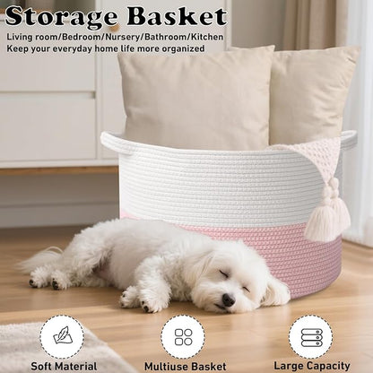 90L Large Blanket Basket,21.7"L x 21.7"W x 13.8"H Rope Woven Baskets with Handles, Toys Storage Bins,Laundry Basket Perfect for Living Room, Nursery,Bedroom,Home Organization,White&Pink