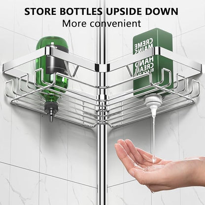 Corner Shower Caddy Tension Pole - Chrome Tension Rod Shower Caddy Adjustable Shampoo Holder for Bathroom/Bathtub/RV, Stainless Steel, Floor to Ceiling 25-114.2 inch