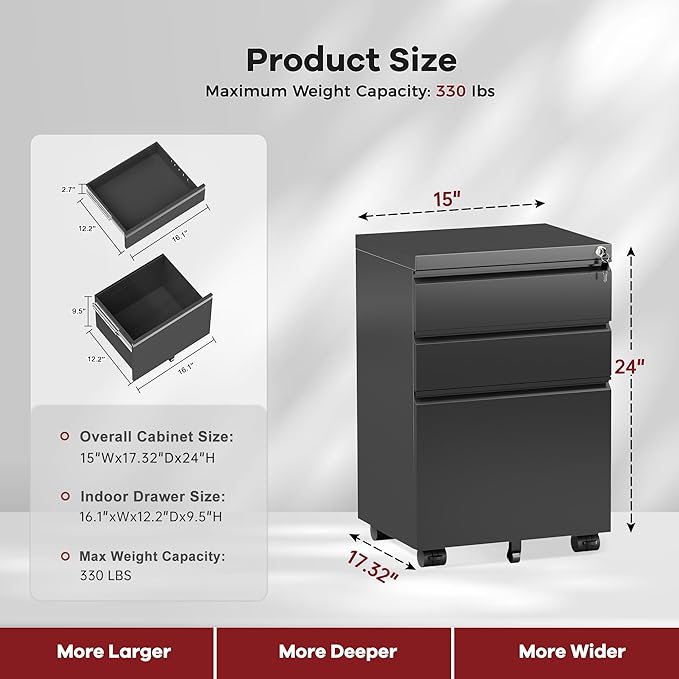 Bonusall Fully Assembled 3-Drawer Metal File Cabinet with Lock - Mobile Under Desk Filing Cabinet for Legal/Letter/A4 Size, Anti-Tilt Mechanism, Pre-Installed Office Storage, Black