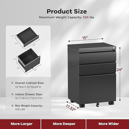 Bonusall Fully Assembled 3-Drawer Metal File Cabinet with Lock - Mobile Under Desk Filing Cabinet for Legal/Letter/A4 Size, Anti-Tilt Mechanism, Pre-Installed Office Storage, Black