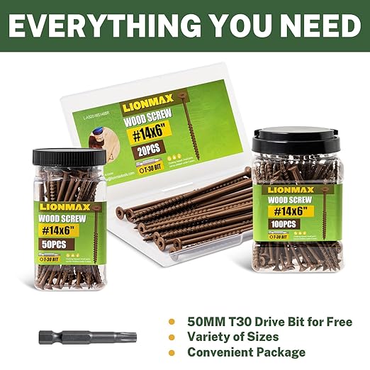 LIONMAX Deck Screws #14 x 6 Inch, 50 PCS, Long Wood Screw, Rust Resistant, Exterior Epoxy Coated for Outdoor Decking, Torx/Star Drive Head, T30 Star Bit Included