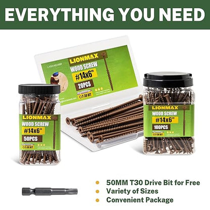 LIONMAX Deck Screws #14 x 6 Inch, 100 PCS, Long Wood Screw, Rust Resistant, Exterior Epoxy Coated for Outdoor Decking, Torx/Star Drive Head, T30 Star Bit Included