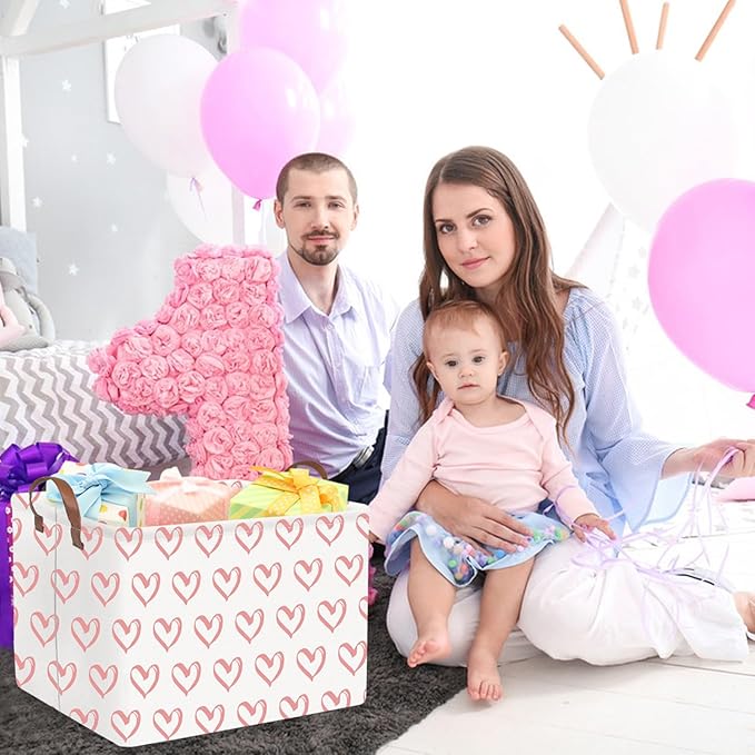 FXOLCSHE Rectangular Valentines Basket,baby Gift Baskets Empty,Pink Gift basket with Handle Organizer,Heart Print easter Baskets,Girl Room Decor(Pink hearts)