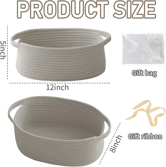 Woven Basket,Small Rope Storage Bin with Handles & Ribbon Bag, Organizer for Shelves Closets,Gift Basket Empty for Birthday,Books,Dog Toys, Grey/3 Pack